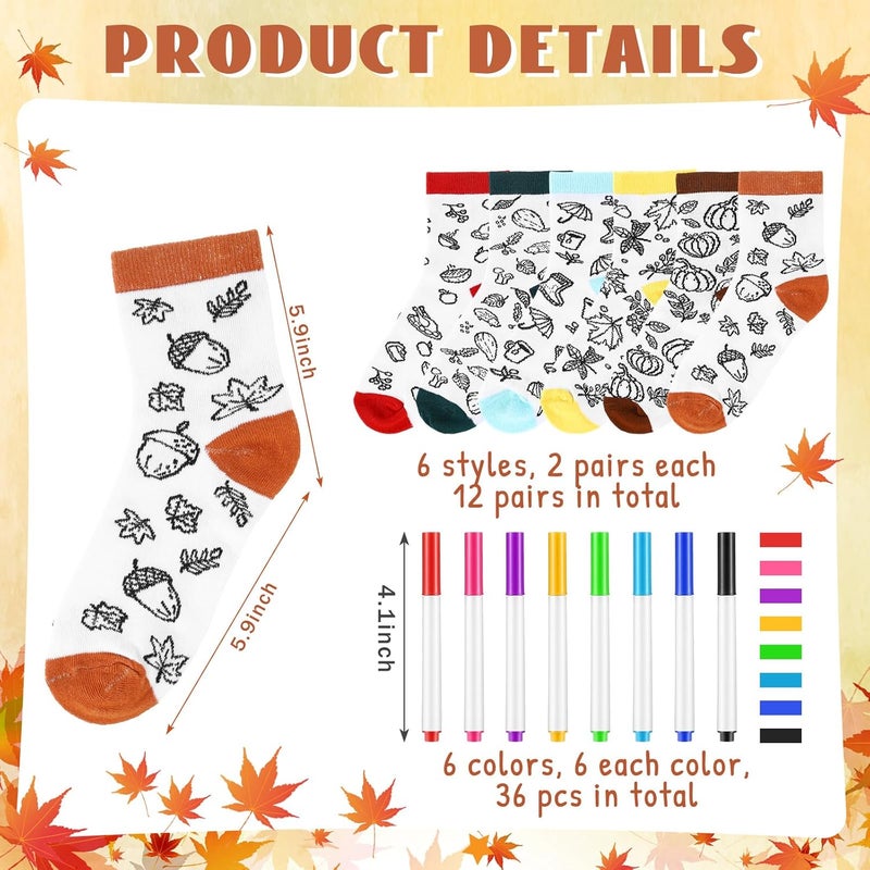 ShinyMatch 12 Pairs Doodle Socks Color Your Own Socks DIY Drawing Craft Arts with 48 Pcs Markers - Image 2